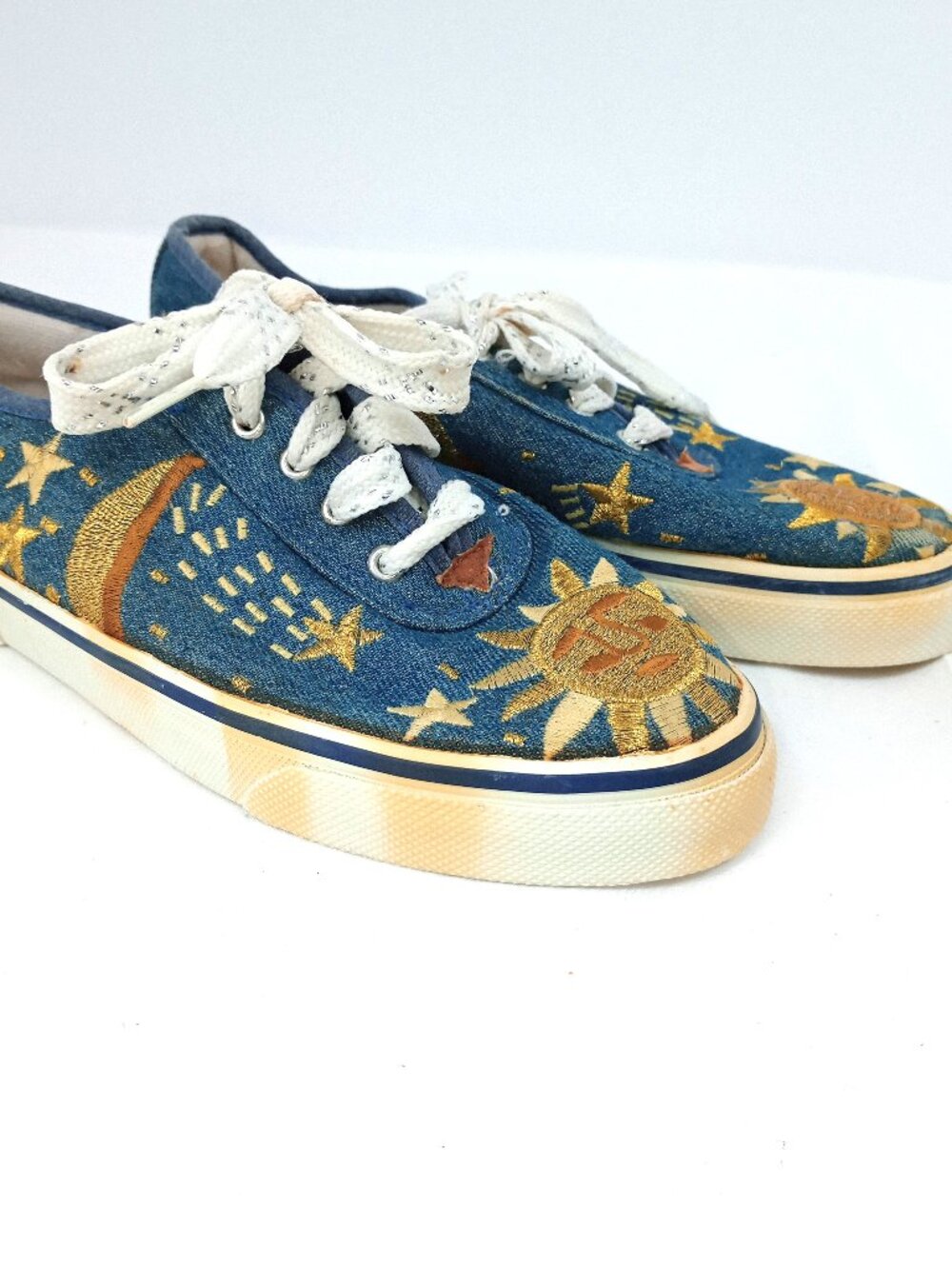 Celestial Embroidered Denim Sneakers Sun Moon Stars Boho Aesthetic Size 6.5
